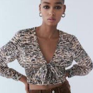 Zara Animal Print Bow Cropped Smocked Sheer Blouse Top XS